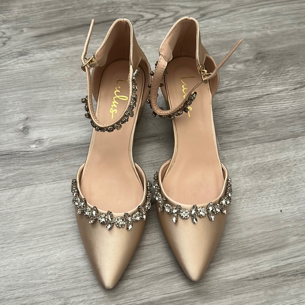 champagne satin rhinestone ankle strap heels/lulus